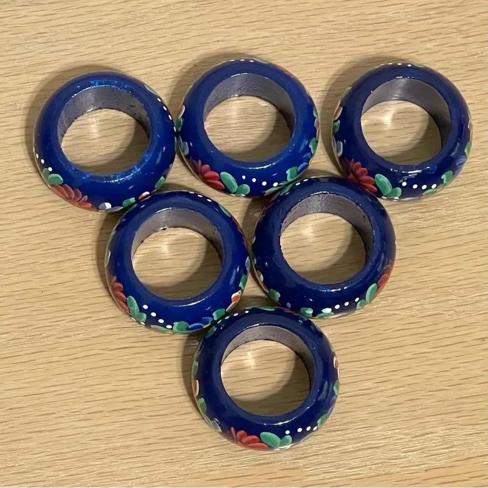 Hand-Painted Blue Floral Wood Napkin Rings Colorful Cottage Artsy Ornate 6 Set